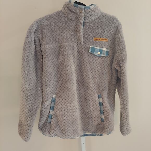 Simply Southern Gray Pollover Size Small Super Soft Fleece Plaid Accents Pockets - Picture 1 of 7